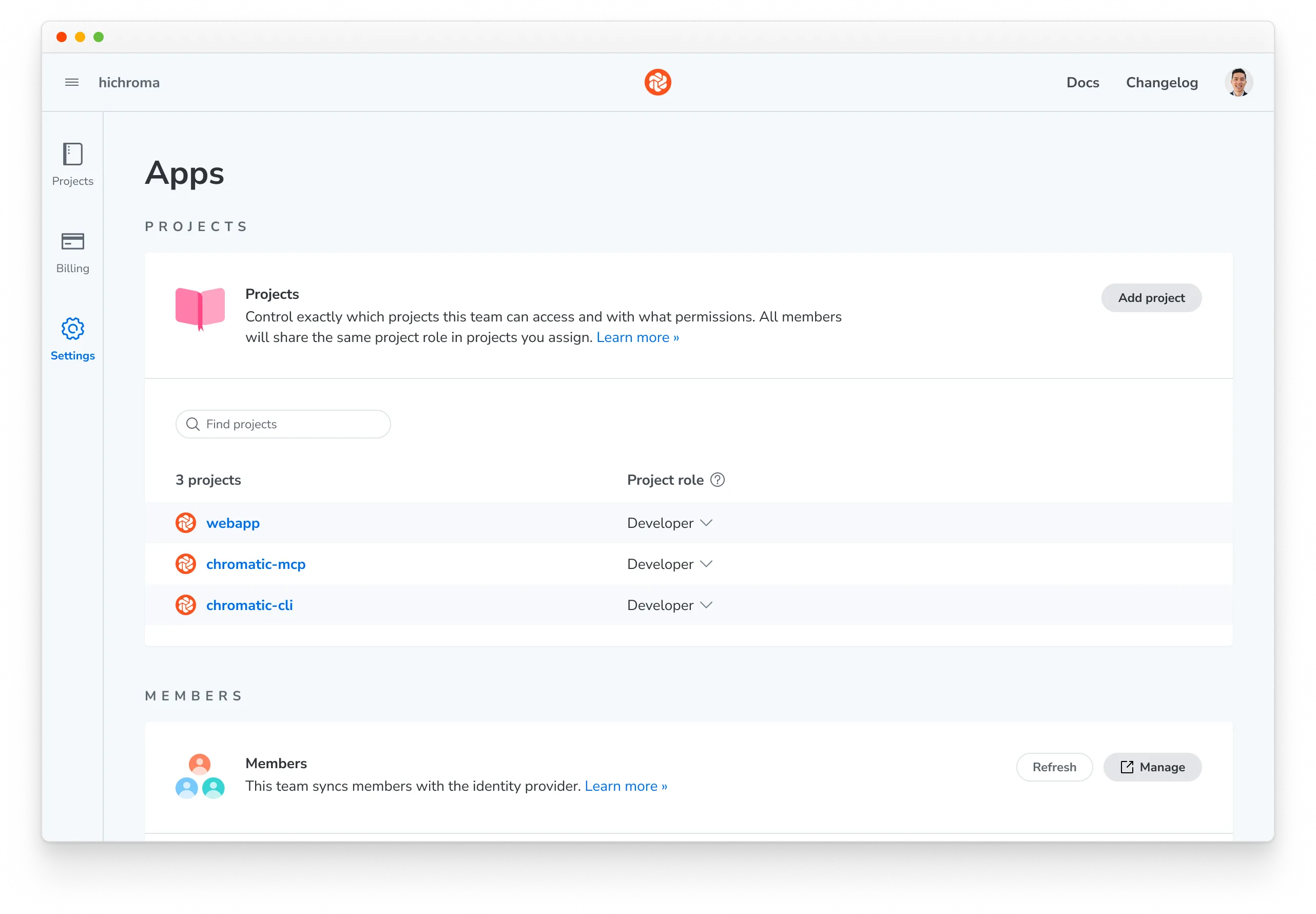Team page showing the Projects section with an Add project button.