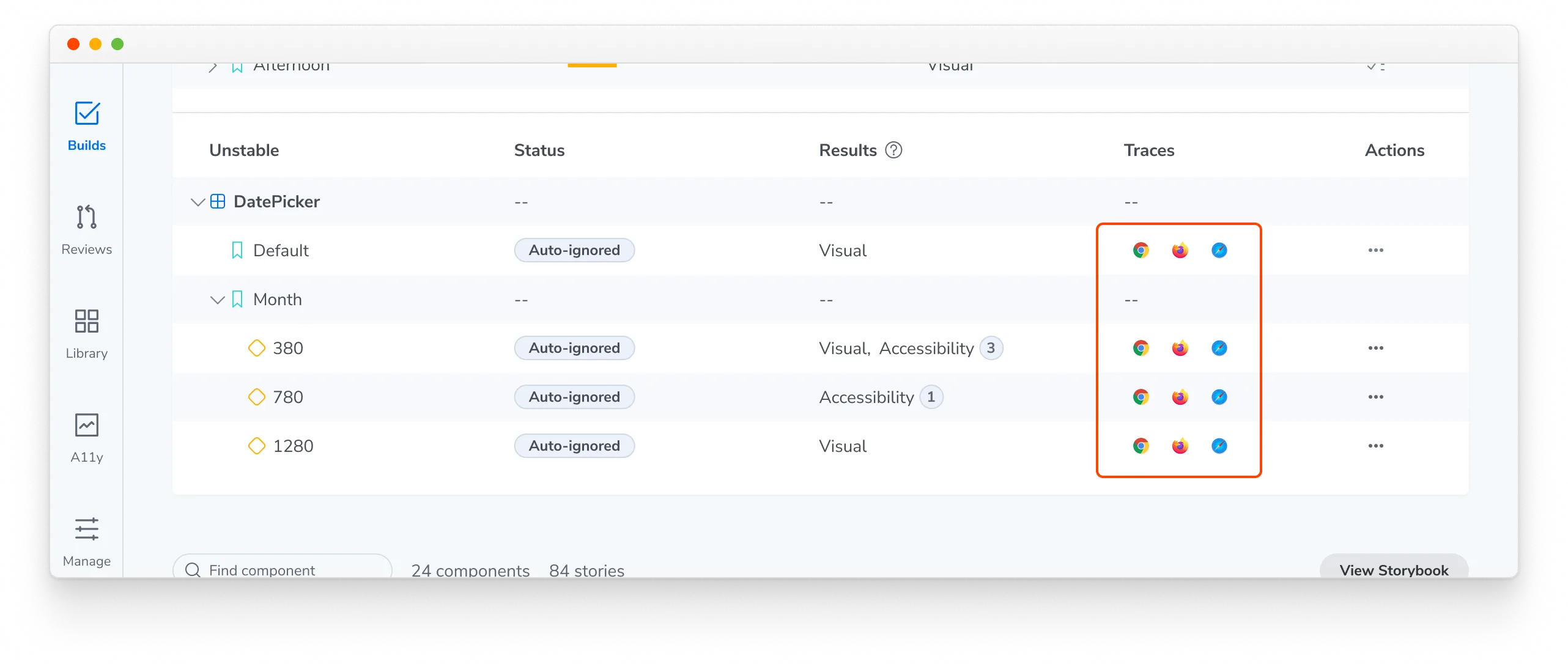 Chromatic Tests dashboard showing browser-specific trace links for unstable tests in the Traces column.